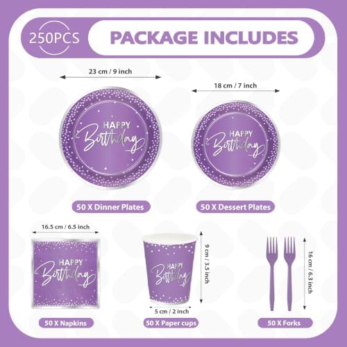 250Pcs Purple Silver Birthday Party Plates Serves 50 - Image 2