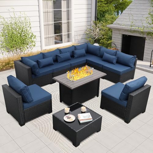 Rattaner 10 Pieces Outdoor Sectional All-Weather Wicker Patio Furniture Set Patio Sectional and Steel Fire Table and Glass Patio Table Non-Slip Cushions and Waterproof Covers, Navy Blue - Image 2