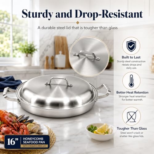 Yeksum 16 Inch 5-Ply Stainless Steel Paella Pan with Lid, Large Skillet - Image 6