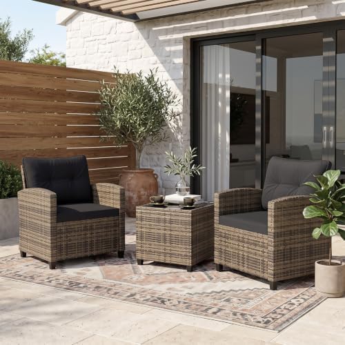 Tangkula 3 Piece Patio Furniture Set, Rattan Conversation Set w/Soft Seat & Back Cushions, Tempered Glass Topped Coffee Table, Cushioned Wicker Seating Set for Backyard, Porch, Poolside - Image 4