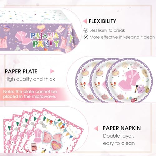 41Pcs Pajama Party Decorations Tableware Set Sleepover Party Supplies For Girls Include Pajama Plates Napkins Tablecloth丨Girls Slumber Party Spa Party Bachelorette Party Birthday Party Decor,Serve 20 - Image 3