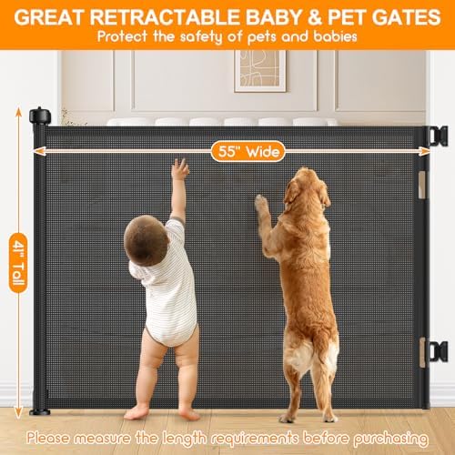 EZIGO 55 Inch Retractable Baby Gates, 41 Inch Extra Tall Retractable Gate - Image 2