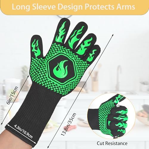 BBQ Gloves 1472F Heat Resistant Non-Slip Silicone 13.5in (Green) - Image 2