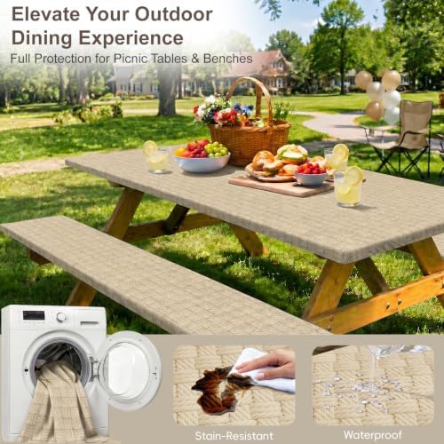 Picnic Table Cover with Bench Covers Portable Table Cloth Built-in Storage Pocket Picnic Table Covers With Elastic Waterproof Camping Essentials for RV Camping - Image 5