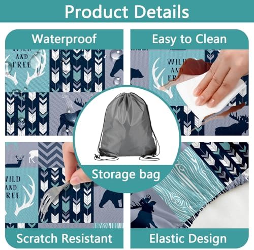 Picnic Table Cover with Bench Covers, Camping Essentials, Rustic Cabin Deer Bear Stripes Waterproof Windproof Patio Table Cover, Fitted Tablecloth Cover with Elastic Edge for Outdoor 3 PCS 30x60 Inch - Image 5