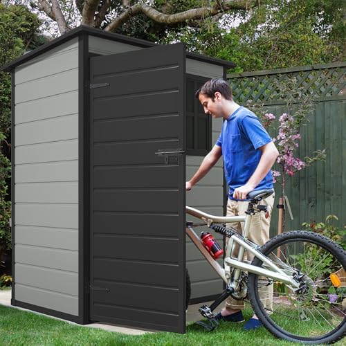 DWVO 5x3ft Resin Outdoor Storage Shed with Floor, Waterproof Lockable Storage Shed with Window, Plastic Outside Tool Storage for Garden, Backyard Patio - Image 5