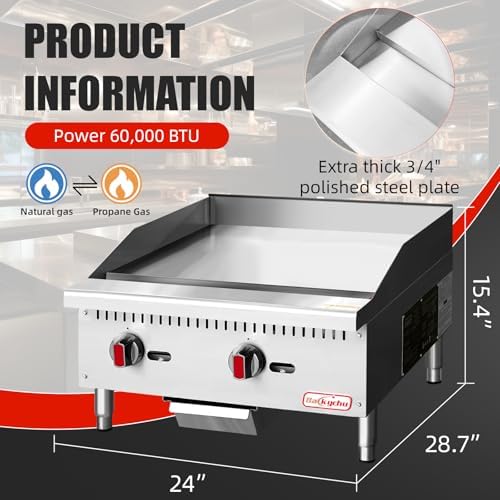 Commercial Gas Griddle - 24" Countertop Griddle. 60,000 BTU Flat Top Griddle, Natural Gas (NG) / Propane, CSA Certified - Image 2