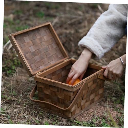 Wood Chip Woven Picnic Basket with Handle, Coffee Color Empty Basket for Fruit and Vegetable Storage, Outdoor Sundries Organizer for Home and Garden Use - Image 6