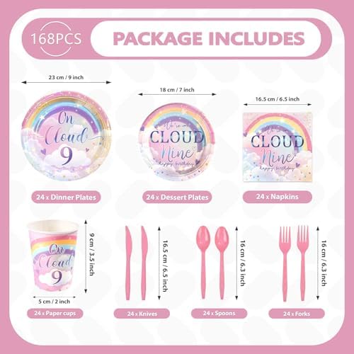 168Pcs on Cloud 9th Birthday Party Supplies Rainbow Clouds Nine Plates and Napkins We are on Cloud Nine Tableware Set for Girls Ninth Birthday Rainbow Themed Party Supplies, Serves 24 - Image 4