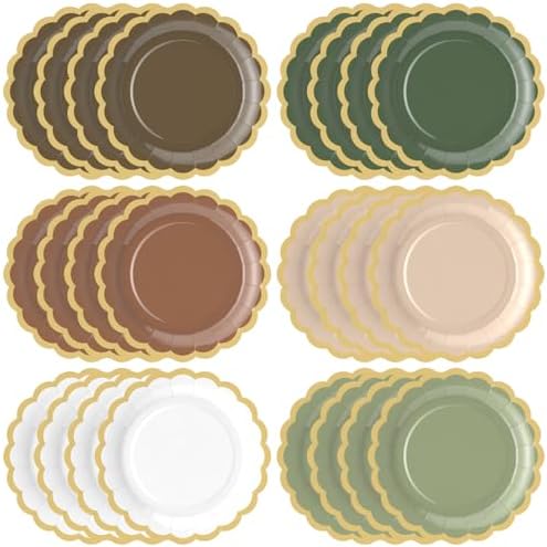 48 Pcs Woodland Green and Brown Paper Plates 9 Inch Gradient Scalloped Paper Disposable Dinner Dessert Plates for Birthday Wedding Bridal Party Supplies, 6 Colors by Tiangrid