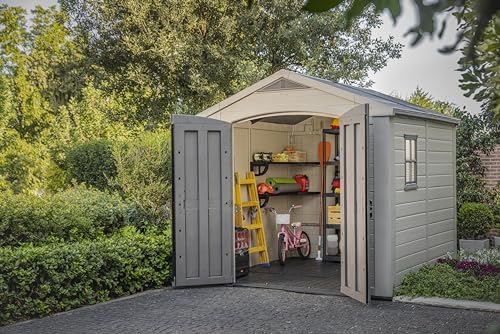 Keter Factor 8x8 Ft All-Weather Storage Shed with Skylight, Window, Built-in Ventilation, Customizable Walls, & Lockable Double Doors, Brown - Image 4