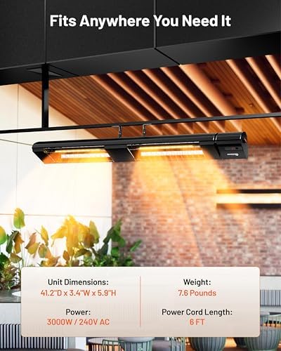 DR. INFRARED HEATER DR-239 3000W Indoor & Outdoor Infrared Patio Heater, Wall or Ceiling Mount, IP55 Weatherproof, Commercial or Residential, 220V-240V Electric Heater with Remote & Mounting Kit - Image 4
