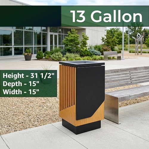 5/Pack 13 Gallon Square Outdoor Trash Can - Decorative Steel and Wood Composite Commercial Waste Receptacle with Hinged Lid and Galvanized Steel Liner for Hotels, Retail Stores, and Entryways - Image 2