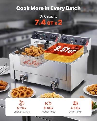 VEVOR Commercial Deep Fryer, Stainless Steel Countertop Fryer with Baskets & Lids, Temp Control, Overheat Protection, for Commercial Restaurant, Double Fryer with Oil Filtration-19 Qt - Image 3