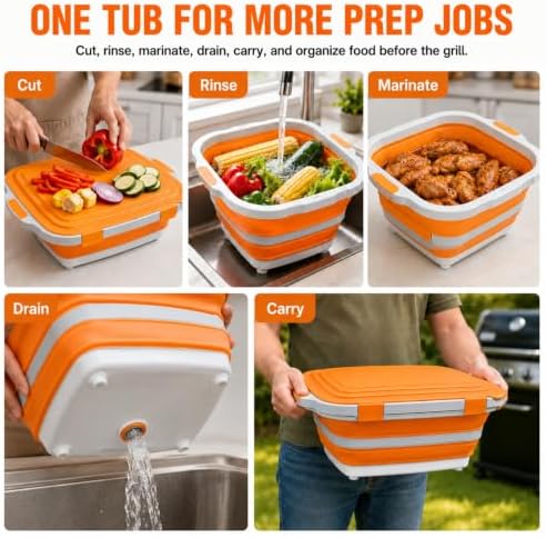BBQ Prep Tub, 16L Orange Collapsible Wash Basin with Drain Plug - Image 6