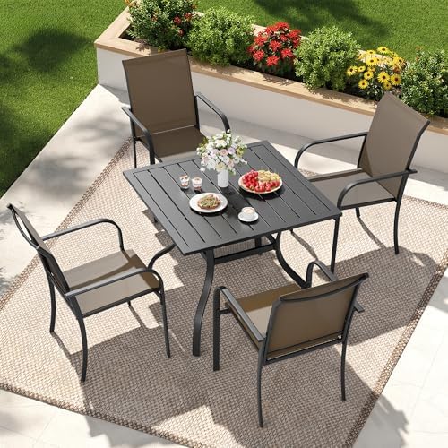 Incbruce 5 Pieces Patio Dining Set, Outdoor Dining Set of 4 Textilene Chairs and Square Table with Umbrella Hole for Backyard, Garden, and Poolside (Brown) - Image 2