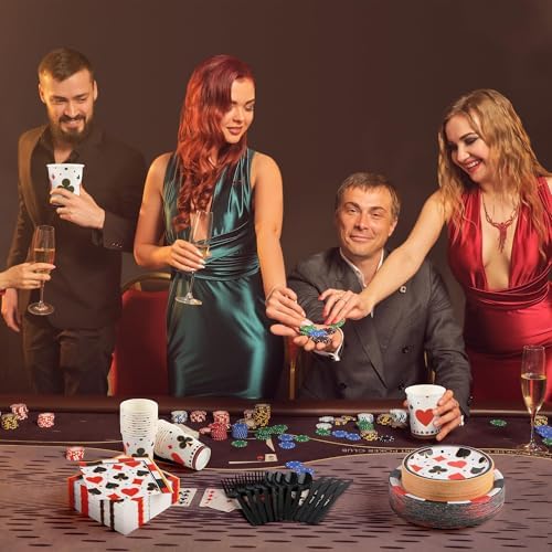 Kochorie 400 Pieces Casino Print Disposable Tableware Sets, Las Vegas Party Supplies Set with Plates Cups Napkins Cutlery Serves 50 for Birthday Poker Club Casino Theme Party Decorations - Image 5