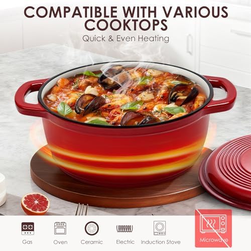 Enameled Cast Iron Dutch Oven Pot With Lid - AIVIKI 5QT Dutch Oven for Bread Baking With Cotton Potholders - Heavy-Duty Cookware for Braising, Stew, Roasting, Oven Safe up to 500°F, Red - Image 4