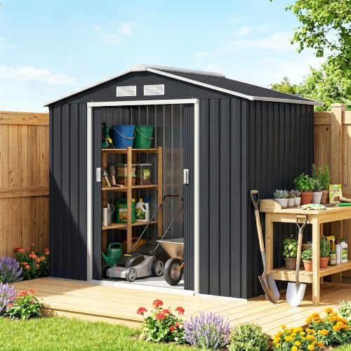 Outsunny 7' x 4' Outdoor Storage Shed Garden Tool Metal Shed Dark Gray by Outsunny