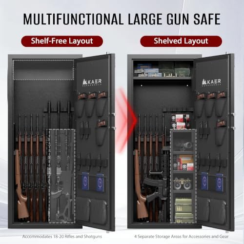 KAER 20-25 Gun Safe for Rifle and Pistols, Biometric Gun Cabinet with Adjustable Storage/Pistol Pouches/Removable LED, Gun Cabinet for Home Defense Hunting Shooting for Shotguns,Rifles,AR-15 - Image 4
