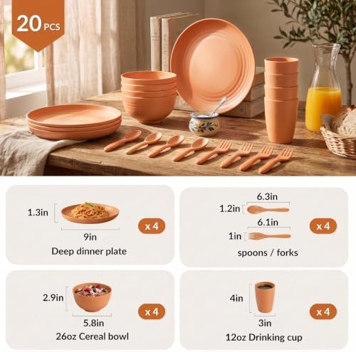 Wheat Straw Dinnerware Sets, Homienly 20pcs Unbreakable Microwave Dishwasher Safe Tableware Lightweight Bowls, Cups, Plates Set Reusable Dinner Plates Bowls set (Orange) - Image 2