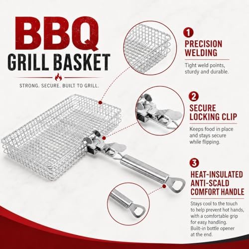 BBQ Grill Basket Set, Stainless Steel Grilling Basket with 12 Inch BBQ Tongs & Oil Sprayer, 12.6 x 8.7 x 2.36 in Folding Barbecue Basket for Fish, Vegetables, Shrimp, Steak, Outdoor Grilling - Image 3