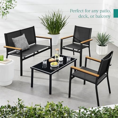 Best Choice Products 4-Piece Outdoor Textilene Patio Conversation Set, Backyard Furniture w/Loveseat, Coffee Table, Steel Frame - Black/Black - Image 3