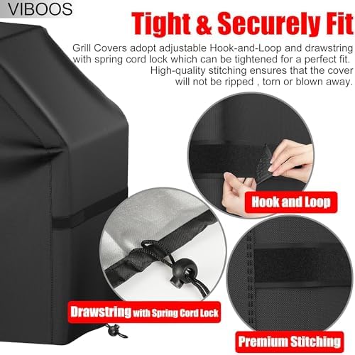 Grill Cover, 58 inch BBQ Gas Grill Cover for Outdoor Grill, Waterproof, Anti-UV, Rip-Proof, Fade Resistant Material, Barbecue Cover with Hook-and-Loop Straps & Adjustable Hem Drawstring, Black - Image 4