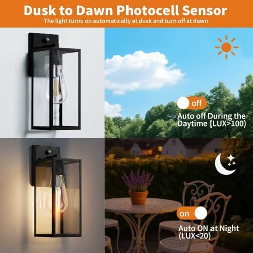 15'' Black Dusk to Dawn Outdoor Front Porch Lights for Outside, Large Exterior Lighting Fixtures Wall Mount for House, Wall Sconce Lamp, Waterproof Lantern Coach Lights for Garage, Entryway,Yard - Image 2