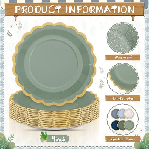 48 Pcs Dusty Blue Sage Green Paper Plates 9 Inch Green Blue Scalloped Paper Disposable Dinner Dessert Plates for Birthday Wedding Bridal Party Supplies, 6 Colors - Image 3