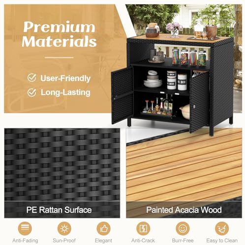 Tangkula Rattan Outdoor Storage Cabinet, Patiojoy Outdoor Cabinet with Acacia Wood Countertop, Open Compartment, 2-Door Wicker Sideboard, Outdoor Bar for Patio Garden Backyard Poolside (Black) - Image 4