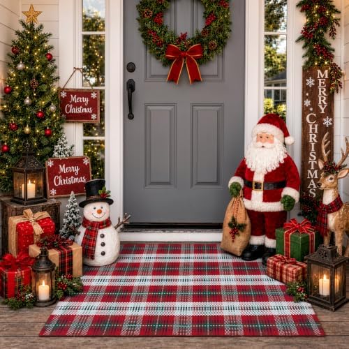 Christmas Door Mat 28"x43" Buffalo Plaid Cotton Washable Outdoor Rug by Sungea