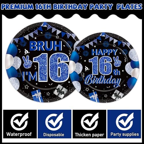 96PCS 16th Birthday Party Paper Plates and Napkins and Forks Set for Blue and Silver Bruh I'm 16 Years Old Party Paper Plates Disposable Decor Happy 16th Parties Set for Teens Birthday Decorations - Image 3