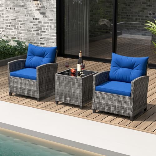 KOTEK 3 Piece Patio Furniture Set, Outdoor PE Rattan Conversation Set with Washable Cushions & Tempered Glass Tabletop, Wicker Chairs and Table Set for Porch, Garden, Balcony (Navy) - Image 2