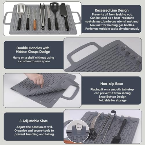 LIONROGE Large Silicone Grill Mat, Foldable Silicone Griddle Tools Spatula Mat with Drip Pad & Handle & Snap Buttons, Portable BBQ Side Shelf Mats Grill Pad for Blackstone Griddles Accessories,Gray - Image 6