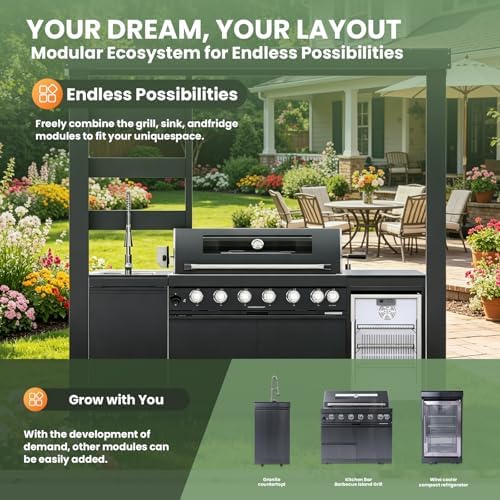 94" Stainless Steel Outdoor Kitchen Island with 6-Burner 85000 BTU,Heavy-Duty Natural Gas Grill with Rotisserie Oven,Galvanized Steel Roof,Granite Countertops,Refrigerator,Sink.(Natural Gas) - Image 3