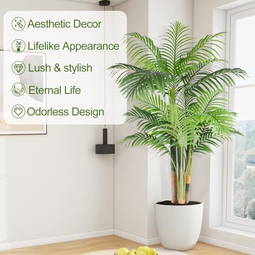 5ft Tall Triple Golden Cane Palm Artificial Tree Large Tropical Palm Tree UV Resistant Fake Plant in Pot for Indoor Outdoor Big House Living Room Outside Patio Office Home Decor 1Pack - Image 2