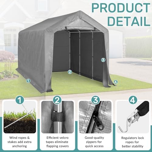 VINGLI Outdoor Portable Storage Shed, Heavy Duty Bike Tent with Roll-up Zipper Door, Waterproof and UV Resistent Carport for Motorcycle, Garden Tools and Firewood (Gray, 8x12x6.8 FT) - Image 6
