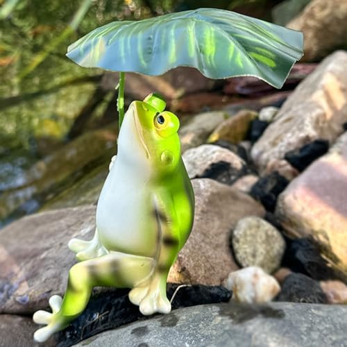 Umbrella Frog Statue for Garden Decor, Resin Green Frog Figurine Outdoor 7" - Image 4