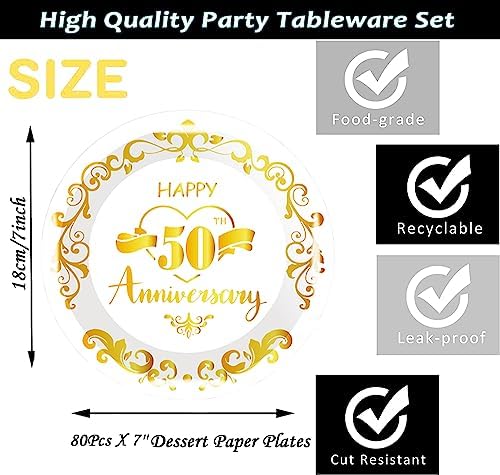 80Pcs 50th Anniversary Paper Plates Golden Wedding Celebration Party Supplies 7" Dessert Plates, for Fifty Anniversary Party Decoration - Image 2