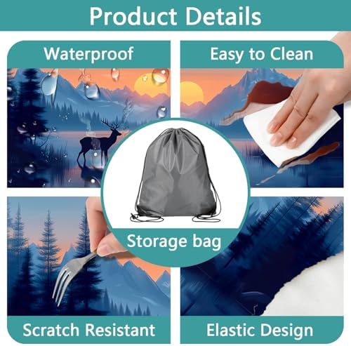 3 PCS Picnic Table Cover with Bench Covers & Storage Bag, Waterproof Fitted Camping Tablecloth with Elastic, 30x72 Inch, Sunset Mountain Lake Deer Forest Print, Indoor Outdoor Patio RV Party Table - Image 6