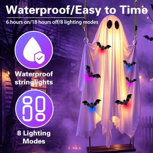 5FT Halloween Hanging Swing Ghost Decorations Outdoor with Lights, Large Hanging Swing Ghost with 6 3D Bats, Remote Timer Waterproof Ghost Decor for Front Porch Yard Tree - Image 2