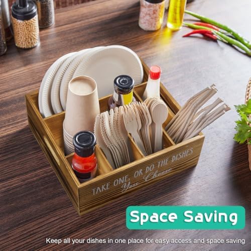ALELION Rustic Plate and Utensil Caddy, 6-Compartment Paper Plate and Cutlery Holder with Handles, Kitchen and Party Organizer for BBQs, Picnics, and Gatherings, Brown - Image 6