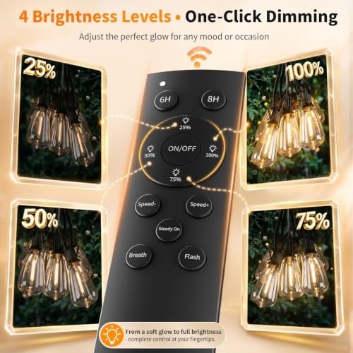 Hotsonic Remote Control Outdoor String Lights Waterproof, 50FT LED Outside Lights with Shatterproof Bulbs, Dimmable Hanging Lights 3 Modes for Patio Porch Garden Pergola Yard House Bistro Party Decors - Image 4
