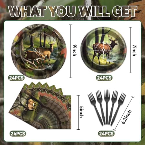 Hunting Camo Party Plates Napkins Deer Hunting Dinnerware Hunter Camo Themed Birthday Party Tableware Set Disposable Forks Dessert Supplies for Outdoor Tournament Events Family Picnic Decors Serves 24 - Image 2