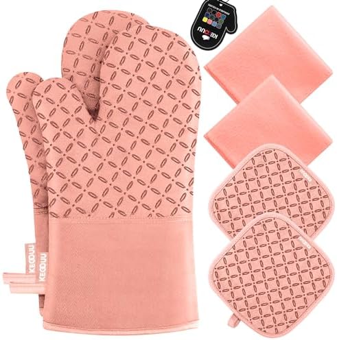 KEGOUU Oven Mitts and Pot Holders 6pcs Set, Kitchen Oven Glove High Heat Resistant 500 Degree Extra Long Oven Mitts and Potholder with Non-Slip Silicone Surface for Cooking (Pink) by KEGOUUOvenMitt