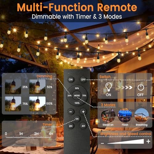 48ft Outdoor String Lights with Remote & Dimmer,24+2 Commercial Grade IP65 Waterproof Bulbs, 2700K Warm White,3 Lighting Modes & Timer,Includes 30 Cable Ties for Patio,Garden, Party - Image 4