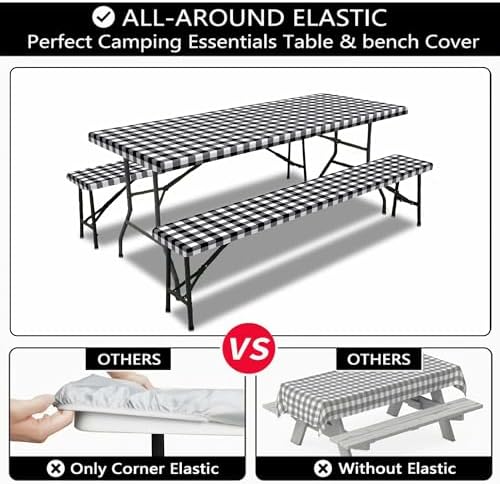 Picnic Table Cover with Bench Covers, Black and White Checkered Waterproof and Windproof, Fitted Tablecloth Cover with Elastic Edge, for Outdoor, Garden, Camping, 3 Pieces Set, 30x60 Inch - Image 6