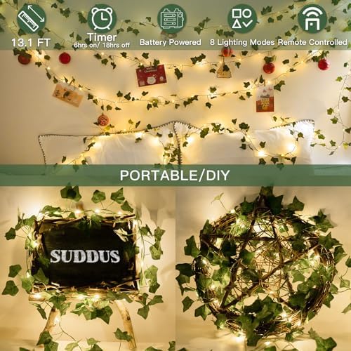 suddus 13.1FT 40LED Ivy Vine with Lights Battery Operated Copper Wire - Image 5