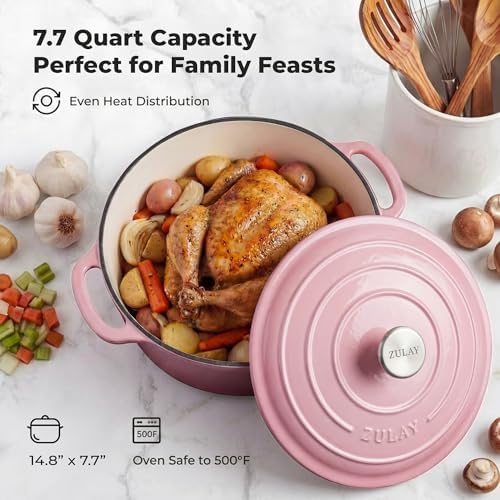 Zulay Kitchen 7.7 Quart Enameled Cast Iron Dutch Oven Pot with Lid – Premium Durability & Oven Safe up to 500°F – Heavy Duty Cookware Perfect for Bread Baking, Stews, Braising & Roasting – Pink - Image 6